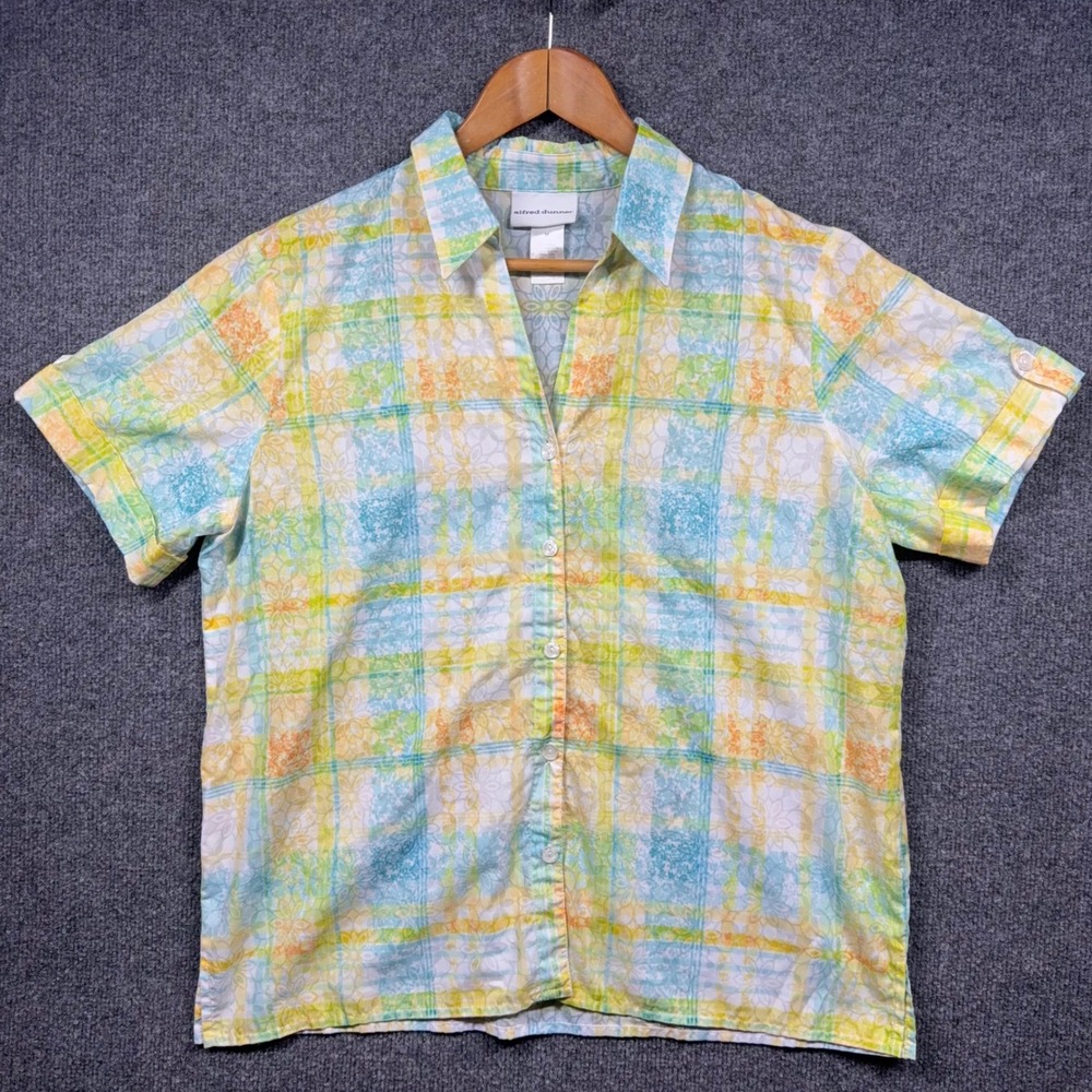 Alfred Dunner Shirt Womens Medium Texture Floral Plaid Cottagecore Grandmacore